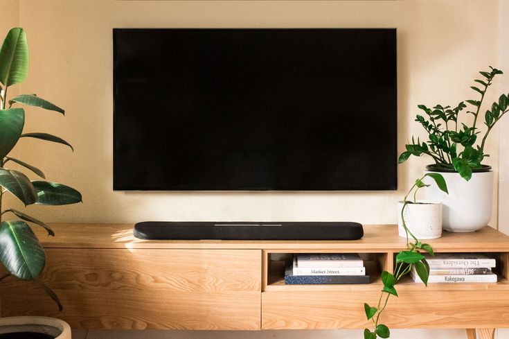 a flat screen tv sitting on top of a wooden shelf next to a potted plant