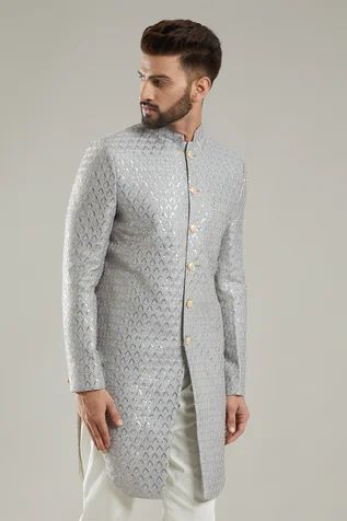 Shop for Kasbah Silver Chanderi Metallic Embroidered Bandhgala for Men Online at Aza Fashions Embroidered Bandhgala, Bandhgala For Men, Silver Jacket, Metallic Embroidery, Churidar, Not For Sale, Aza Fashion, Jacket Style, Types Of Sleeves