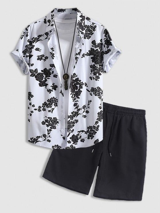 Floral Button Up Shirt With Casual Shorts Set - Grafton Collection Casual Button-up Summer Shorts, Casual Beach Sets Short Length, Casual Cotton Button-up Sets, Summer Button-up Relaxed Fit Shorts, Cotton Short Sleeve Short Set For Day Out, Relaxed Fit Short Set For Summer Vacation, Cotton Button-up Sets For Vacation, Casual Cotton Short Set For Day Out, Summer Short Sleeve Short Set For Day Out