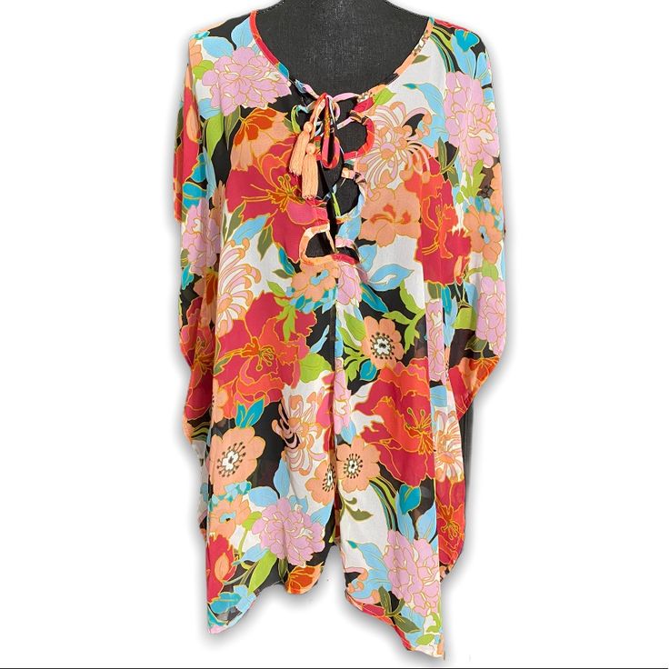 Brand-New With Tags On Very Sheer Overlay Blouse Tassle-Ties No Tag Summer Beachwear Blouse With Floral Print, Floral Print Beachwear Blouse For Summer, Multicolor Tops For Brunch During Beach Season, Spring Beachwear Blouse For Vacation, Spring Vacation Beachwear Blouse, Bohemian Blouse With Vibrant Print For Beach, Beachwear Blouse For Brunch During Beach Season, Beach V-neck Blouse With Multicolor Print, Multicolor Spring Blouse For Beach