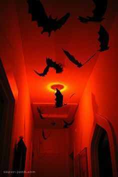 the hallway is decorated with bats and lights