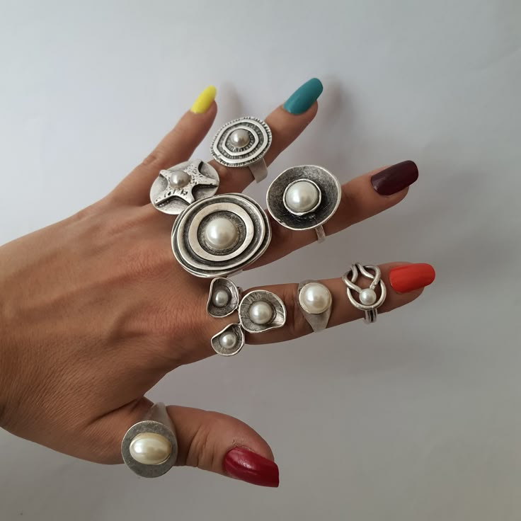 Antique Silver Plated Ethnic Adjustable Ring, Boho Chic Jewelry,Antique silver decorative ring with a tribal, ethnic feel. Adjustable size - can adjust one size up or down. Great for thumb also! Perfect as a gift for a loved one or a special treat for yourself. The ring is sterling silver plated with a matte, antique oxidized finish. Metal: brass Acrylic Pearl Finish : Silver Plated Ring size : adjustable Some model rings are adjustable and some are fixed.Please message to make sure the ring siz Bohemian Rings With Unique Variations, Bohemian Rings With Unique Design, Bohemian Rings With Unique Metal Variations, Bohemian Metal Rings With Unique Variations, Handmade Open Pearl Ring, Silver Open Ring Pearl Ring, White Bohemian Metal Rings, Silver Open Pearl Ring For Jewelry Making, Big Silver Rings