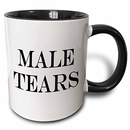 a black and white coffee mug with the words male tears on it's side