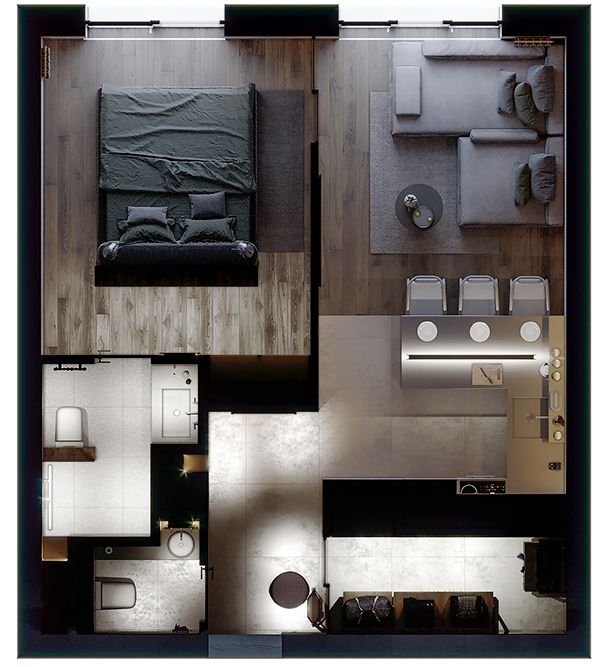 an overhead view of a living room, bedroom and bathroom in one floor plan with furniture on the other