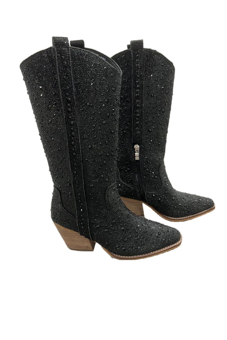 These black boots are perfect for a night out, with stunning rhinestones to complete your look. Chic, stylish and comfortable, these boots will complete any outfit and add a touch of sophistication. Western Party Boots With Rhinestone Rivets, Embellished Snip Toe Boots For Fall, Fall Embellished Snip Toe Boots, Winter Embellished Boots With Round Toe, Embellished Round Toe Boots For Fall, Fall Embellished Round Toe Boots, Winter Embellished Round Toe Boots, Western Boots With Rhinestone Rivets For Winter, Winter Party Knee-high Boots With Snip Toe