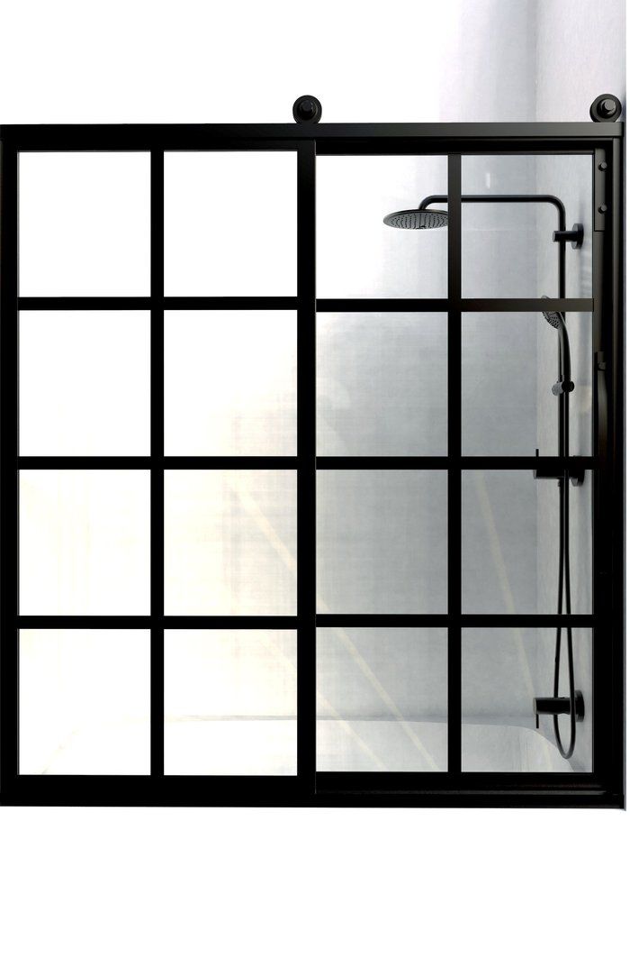 an image of a glass shower door with black frame and hardware on the side wall