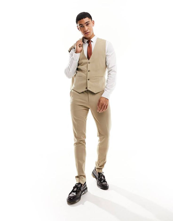 Suit jacket by ASOS DESIGN Do the smart thing V-neck Button placket Contrast back with an adjustable cinch Skinny fit Fitted Beige V-neck Blazer, Tailored Beige Vest For Business Casual, Casual Fitted Blazer With Vest, Casual Fitted Beige Suit, Fitted Casual Vest For Business, Slim Fit Business Vest For Spring, Spring Business Slim Fit Vest, Smart Things, Suit Vest