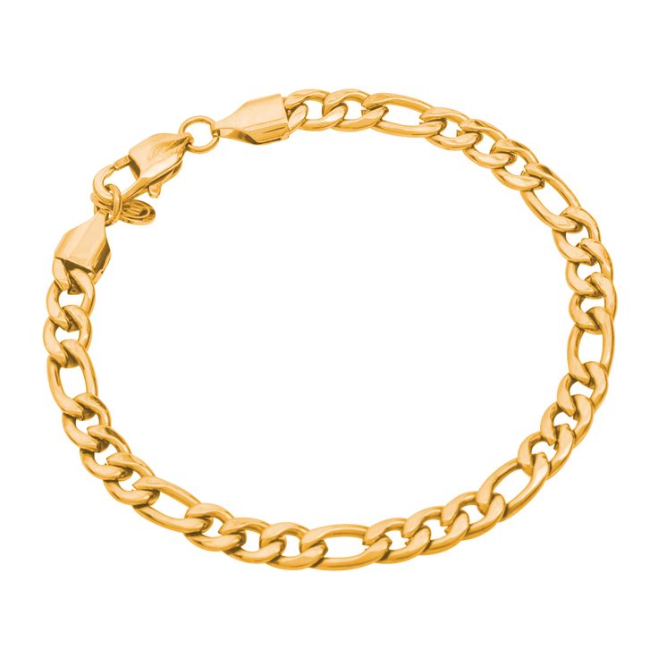 MATERIAL Plated with Genuine 18 Karat Yellow Gold Figaro Style Bracelet SIZE Bracelet Length: 7, 8, and 9 Inches Bracelet Width: 6mm