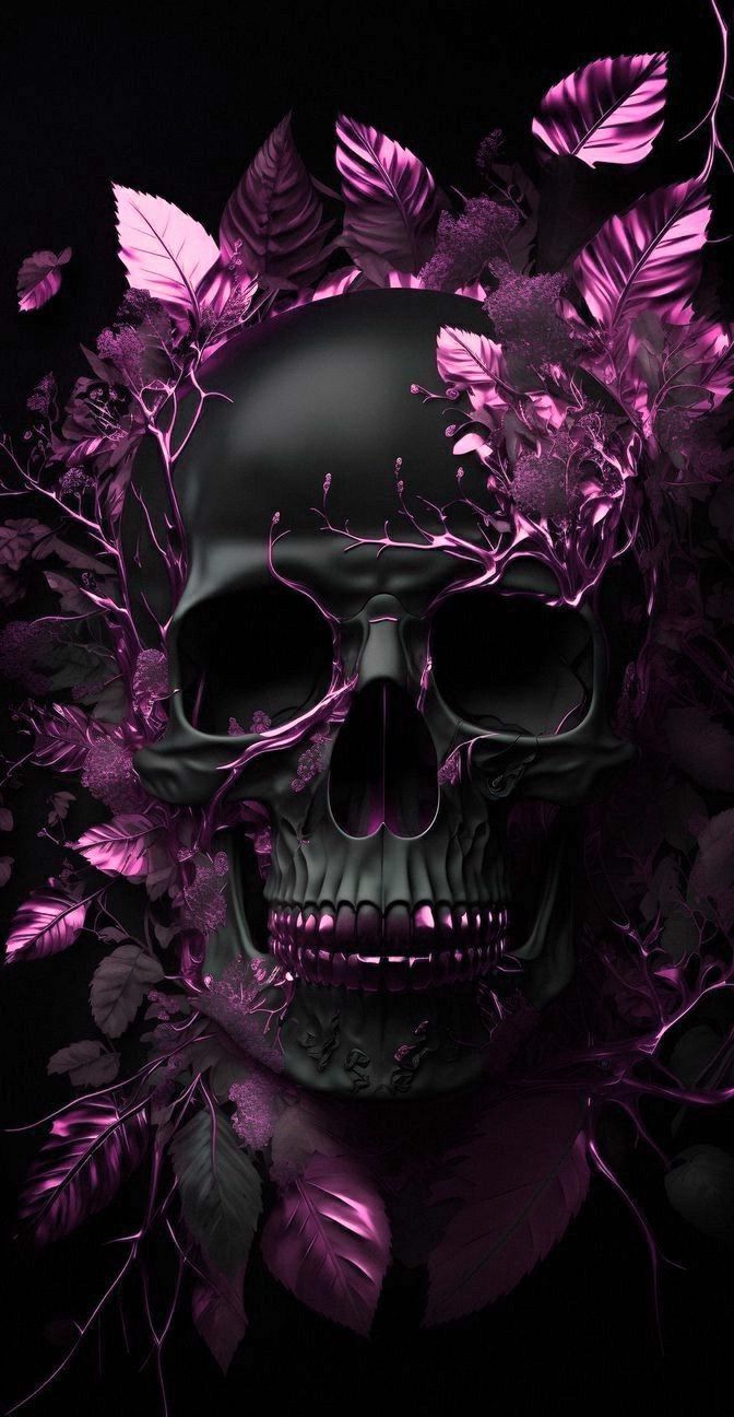 a skull surrounded by purple flowers and leaves