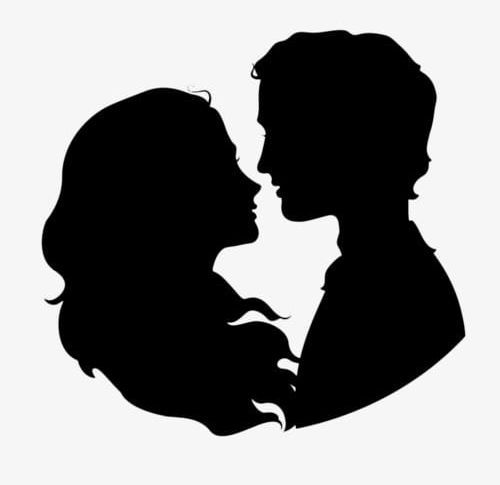 the silhouettes of two people in profile, one is holding the other's head