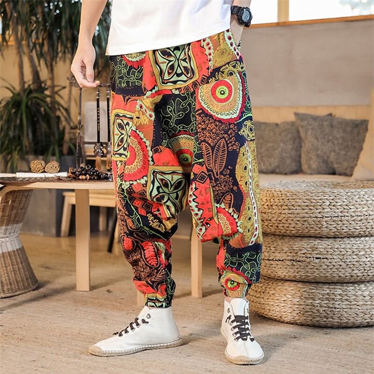 Men's Summer Pants Baggy Beach Pants Harem Pants Boho Pants Elastic Waist Print Comfort Breathable Casual Daily Beach Chinese Style Hippie Dark Blue / Red Yellow Micro-elastic Casual Long Pants For Festival, Baggy Casual Harem Pants For Vacation, Casual Baggy Harem Pants For Vacation, Casual Trousers For Festival, Casual Harem Bottoms For Beach, Casual Red Harem Pants For Summer, Red Harem Bottoms For Summer, Multicolor Ankle-length Bottoms For Summer, Casual Summer Harem Parachute Pants