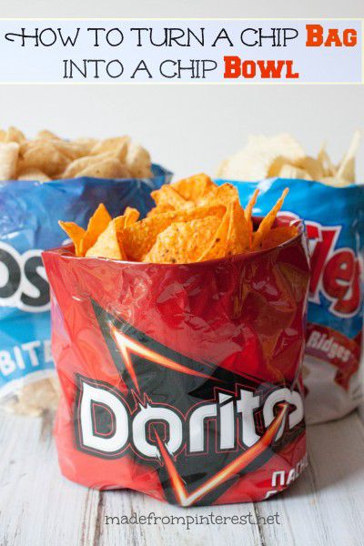 two bags of chips sitting on top of a table next to each other with the words how to turn a chip bag into a bowl