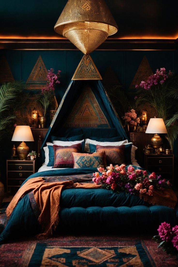 Step into a realm of tranquil opulence with this mesmerizing Egyptian-themed bedroom retreat. The enigmatic jewel-toned blue walls, accentuated by golden triangular patterns reminiscent of the Pyramids, conjure a sense of historical mystique. AThe room is further enchanted by an array of lush indoor plants, exuding an organic vibrancy. Awe-inspiring golden hanging lamps cascade light, reminiscent of a starlit Nile night. Goth Bedroom Ideas, Academia Bedroom, Dark Blue Bedrooms, Boho Bedroom Design, Dark Bedroom, Dark Home Decor, Bed Design Modern, Romantic Bedroom, Dream Room Inspiration