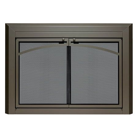 an outdoor fireplace screen with two doors