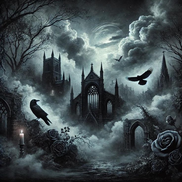 an image of a gothic scene with crows flying over the castle and roses in the foreground