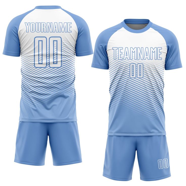 a blue and white soccer uniform with the name teamname 00 printed on the chest