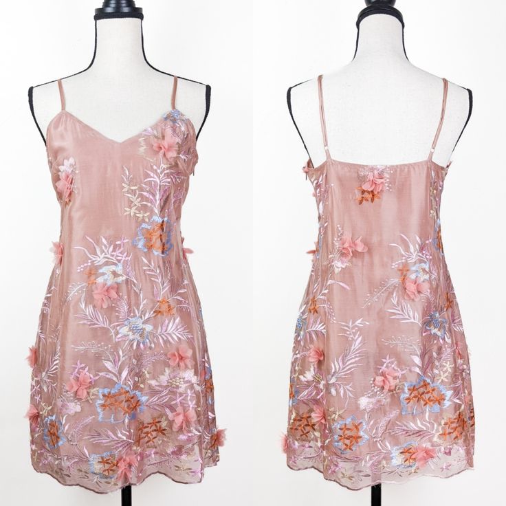 This Mauve Pink Slip Dress Is An Undeniable Beauty! It Features A Chiffon Overlay With Graceful Floral Embroidery And Applique Accents, A V-Neckline, And A Scalloped Hem. Pair It With Some Heels And A Delicate Necklace For Your Next Party Or Night Out. Nwt. Specifications 100% Polyester 100% Polyester Lining Adjustable Straps Invisible Side Zipper Made In China Hand Wash Cold; Do Not Bleach; Hang To Dry; For Best Results Dry Clean Measurements Bust - Small: 34" | Medium: 36" | Large: 38" Waist - Summer Lace Embroidered Dress With Floral Print, Summer Floral Print Lace Embroidered Dress, Pink V-neck Mini Dress With Floral Embroidery, Summer Embroidered Lace Dress With Floral Print, Summer Floral Lace Embroidered Dress, Pink Floral Embroidered Lace Dress, Pink Embroidered Floral Applique Dress For Summer, Pink Summer Embroidered Dress With Floral Applique, Feminine Floral Applique Mini Dress For Summer