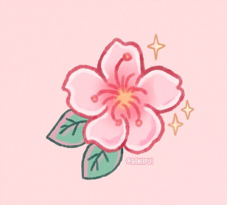 a drawing of a pink flower with green leaves on it's petals and stars in the background