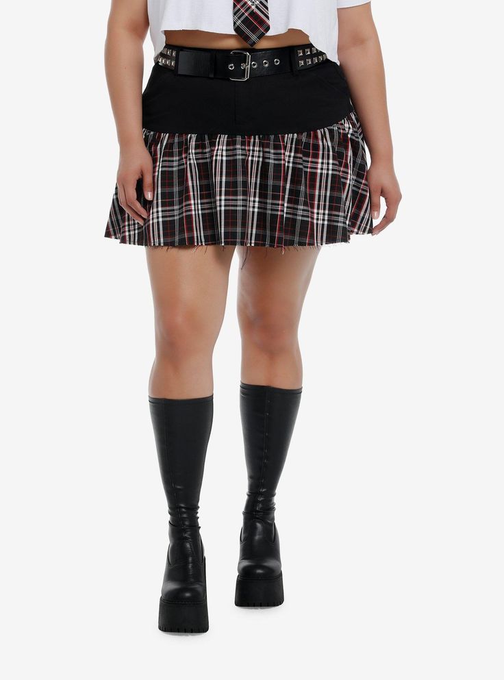 Finally  an edgy mini skirt perfect for summer. This Social Collision mini has a black yoke  red and black plaid ruffles and a raw hem. The skirt comes with a removable faux leather studded belt  and has pockets.97% rayon; 3% spandexBelt: polyurethaneWash cold; dry lowLength: 20''Belt includedImportedModel is 5'10''Model wears size 1 Edgy Plaid Mini Skirt, Fall Punk Mini Skirt Bottoms, Punk Style Mini Skirt For Fall, Fall Edgy Mini Skort, Casual Mini Skort For Alternative Fashion, Punk Style Cotton Skirt For Fall, Grunge Cotton Mini Skirt For Fall, Punk Style Mini Bottoms For Fall, Alternative Style Fitted Mini Bottoms