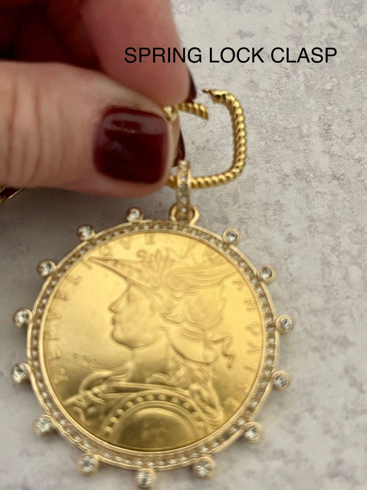 Gold Coin Necklace-Multi Link Chain Necklace-Reproduction Vintage French Madagascar Coin Pendant-Cubic Zirconia Bezel Coin-Spring Lock Clasp Gold Coin Necklace, Rope Design, Gold Coin, Coin Necklace, Coin Pendant, Gold Chain Necklace, Keep Jewelry, Gold Coins, Brass Chain