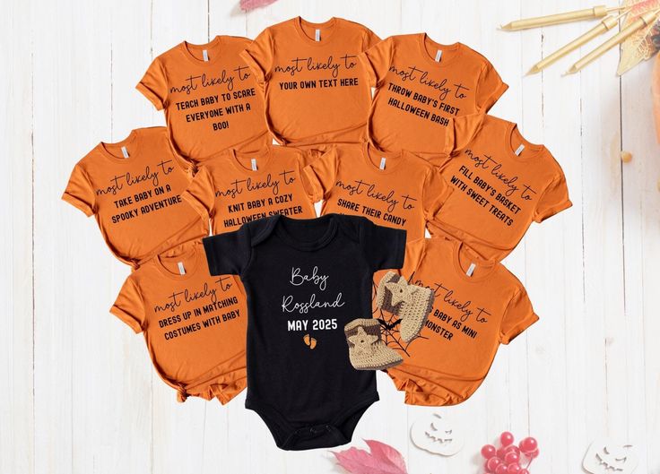 PRODUCT  - All the t-shirts will be BURNT ORANGE in color and you can specify in the personalization box if you want the baby's bodysuit to either be BLACK or WHITE(. Please check out other variations of this group design here): https://www.etsy.com/shop/GIFTABLEByBetty?ref=dashboard-header&section_id=50406437 - This is a regular relaxed fit, to achieve the oversize look, please select 1-2 sizes  above your usual size.  - This t shirt design will be made with DTF(Direct to Fabric) print method. - The price is for a single t-shirt. - Please find color charts  and size chart in the listing photos.  - If you enter wrong address with your order, we will try to help you if you message and only if the item has not been made (within 12 hours after placing order). - Please note that the actual col Surprise Pregnancy Announcement, Baby Shower Shirts, Dashboard Header, Baby Baskets, Pregnancy Announcement Shirt, Matching Baby, Find Color, Halloween Theme, Shirts Funny