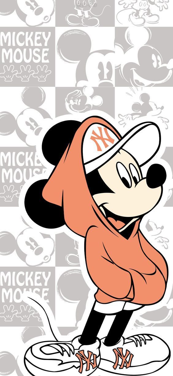 an image of mickey mouse wearing a baseball cap and orange hoodie with the words mickey mouse on it