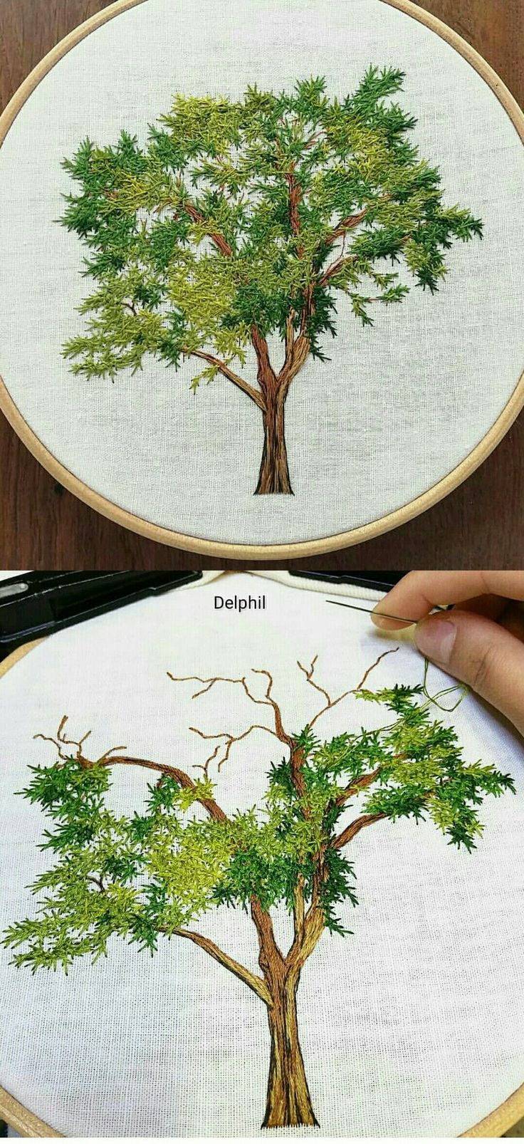 two pictures showing different stages of embroidery work