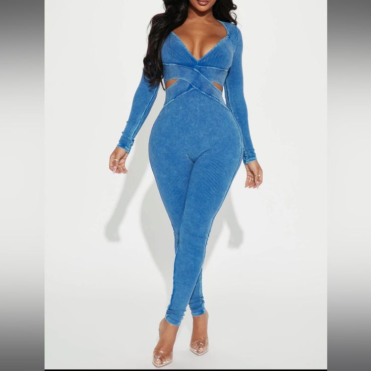 Brand New Fashion Nova Jumpsuit Blue Stretch Denim Overall Jumpsuit, Blue Stretch Denim Jumpsuit, Fitted High Waist Blue Bodysuit, Trendy Blue V-neck Bodysuit, Trendy Blue Denim Jumpsuit With V-neck, Trendy Blue V-neck Denim Jumpsuit, Chic Blue Jumpsuits And Rompers For Loungewear, Fitted Blue Denim Jumpsuit With V-neck, Blue Fitted High-waist Jumpsuits And Rompers