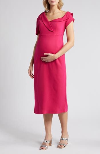 A bump-friendly party dress features a one-shoulder neckline and the joy of a pretty pink hue. One-shoulder neck Short sleeves Lined 96% viscose, 4% spandex Dry clean Imported Pink One-shoulder Midi Dress For Garden Party, Pink Fitted One-shoulder Midi Dress, Pink One-shoulder Stretch Midi Dress, Pink Nursing-friendly Maternity Dress For Spring, Spring Pink Nursing-friendly Maternity Dress, Maternity Midi Dress, Nordstrom Dresses, Pretty Pink, Bump