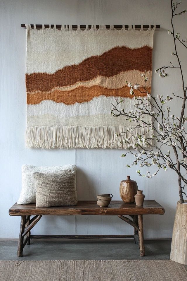 a wooden bench sitting in front of a wall hanging with fringes and pillows on it