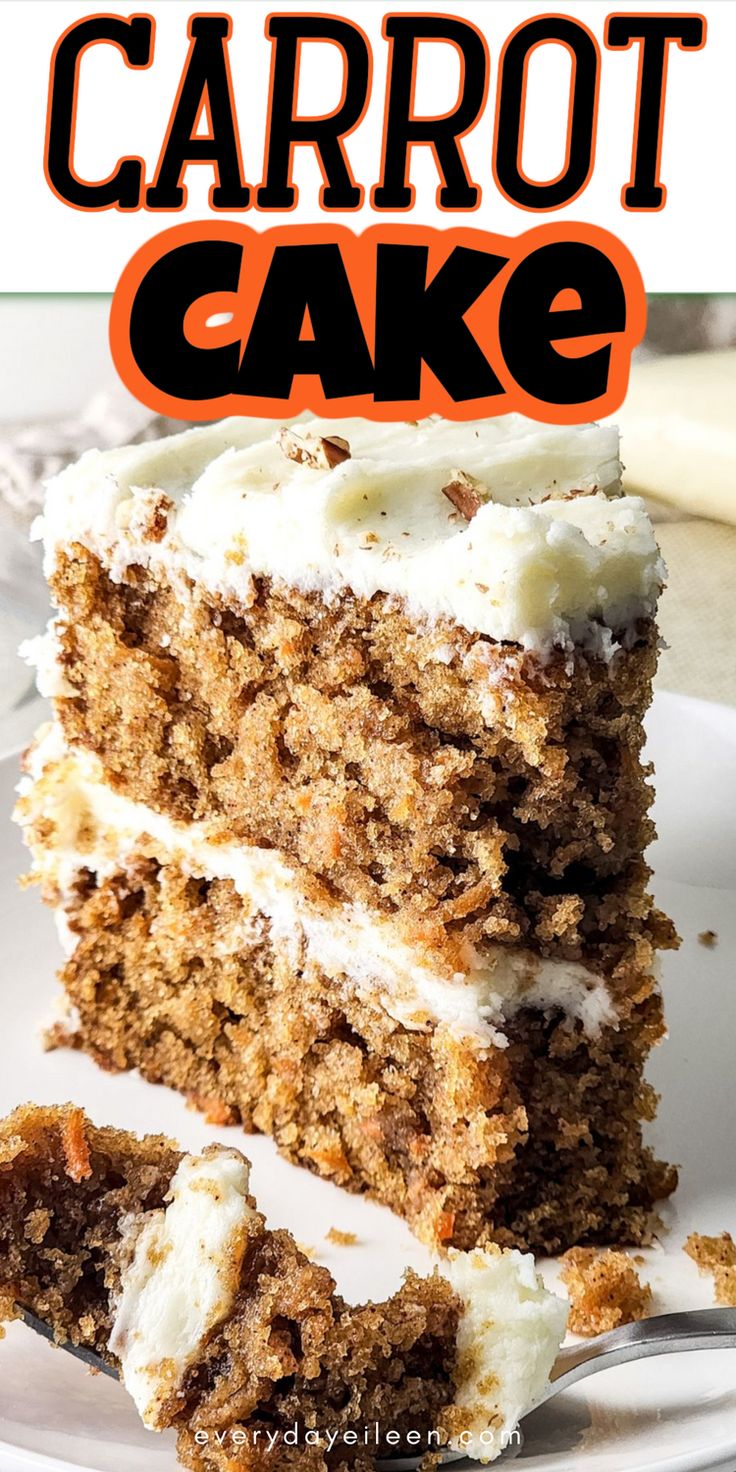 a close up of a slice of carrot cake on a plate with the title overlay