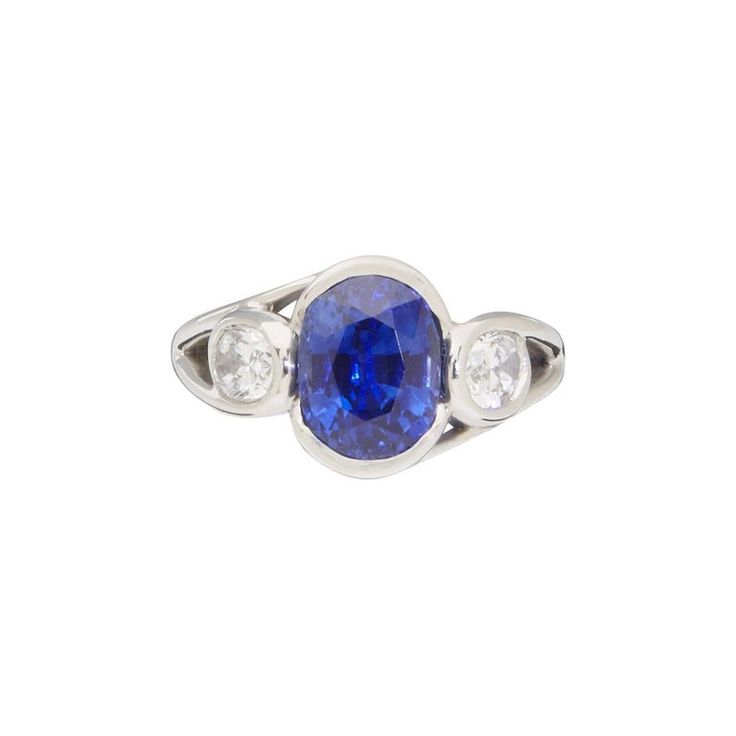 1stdibs Diamond, Sapphire Platinum Faceted Oval Ring Contemporary Sapphire Diamond Rings Oval, Bezel Set Sapphire And Diamond Ring, Sapphire Side Stones, Trillion Diamonds, Ceylon Blue Sapphire, Sapphire Wedding Rings, Platinum Diamond Engagement Rings, Vintage Sapphire, Gem Diamonds