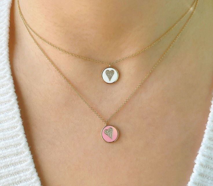 14K gold with 0.04-carat pink enamel diamond heart circle disc pendant necklace Model Number: SDL55021543EPWY Necklace Model, Diamond Heart Pendant Necklace, Studded Necklace, Heart Pendant Diamond, Disc Pendant, Pink Enamel, Deco Jewelry, Pendant Rings, Art Deco Jewelry