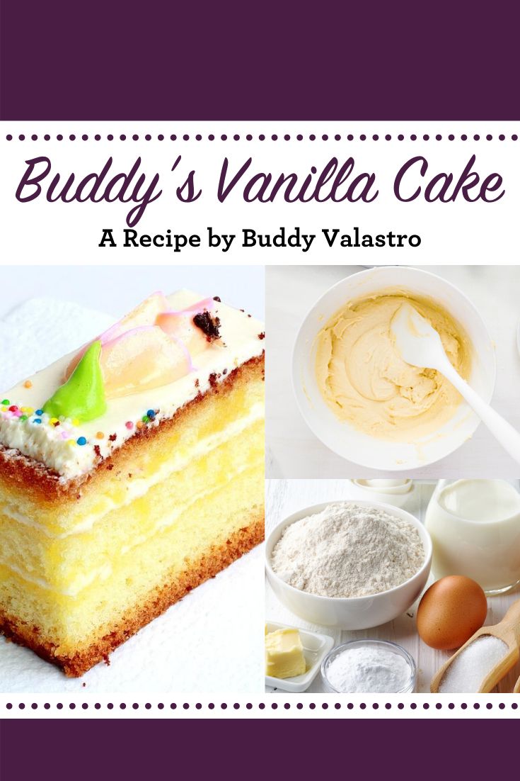 the cover of buddy's vanilla cake is shown with pictures of cakes and ingredients