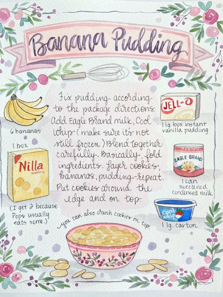 a recipe for banana pudding is shown in this watercolor and ink painting style illustration