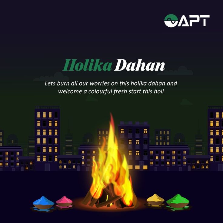 an advertisement for holika dahan with fire in the middle and city lights behind it