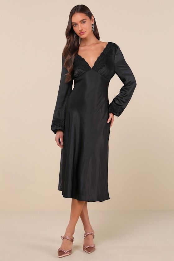 The Lulus Illustrious Elegance Black Satin Long Sleeve Midi Dress is stunning, sweet, and will sweep everyone off their feet! Sleek, stretch-woven satin shapes this stunning dress that features a lightly gathered bodice with a plunging, lace-trimmed V-neck and back, all framed by long balloon sleeves with matching lace trim and elastic at the cuffs. The chic, empire-style waist sits atop the fit-and-flare silhouette that falls to a modern midi hem. Hidden back zipper/clasp. Fit: This garment fit Satin V-neck Night Dress, Night V-neck Dress With Satin Finish, Fitted V-neck Silk Party Dress, Fitted Satin Finish V-neck Slip Dress, Fitted Silk V-neck Dress For Date Night, Bias Cut Modal Satin Dress For Date Night, Fitted Silk Dress With Satin Finish And V-neck, Fitted Satin Finish Dress, Glamorous Long Sleeve Satin Formal Dress