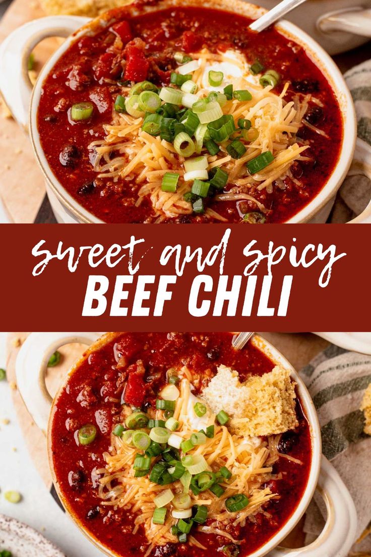 two bowls filled with beef chili and cheese