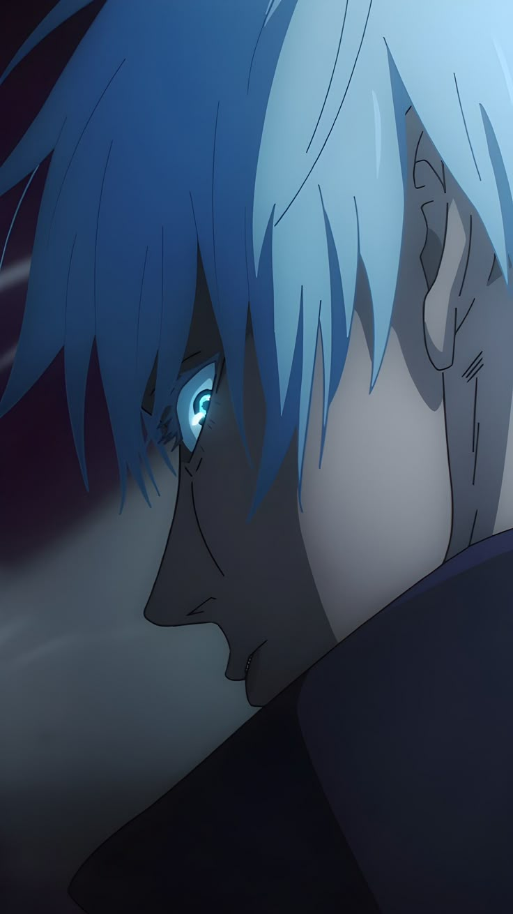 an anime character with blue hair stares into the distance