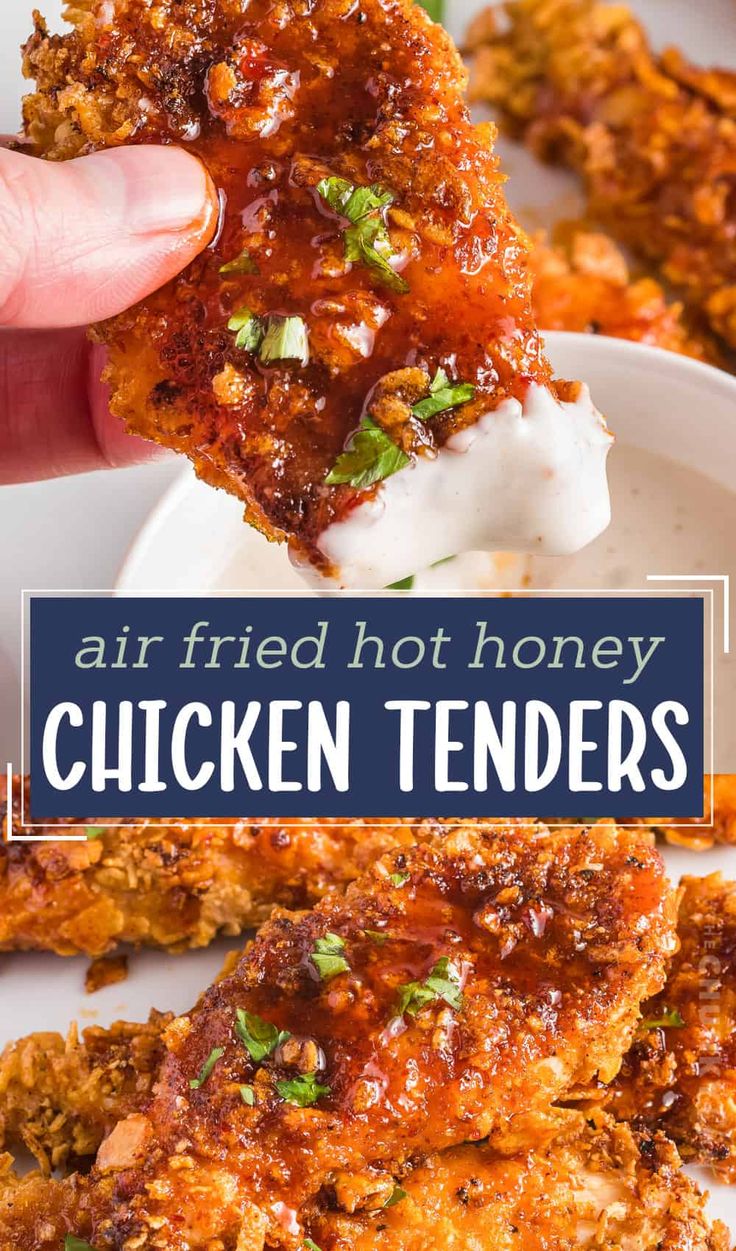 chicken tenders on a white plate with text overlay that reads, air fried hot honey chicken tenders