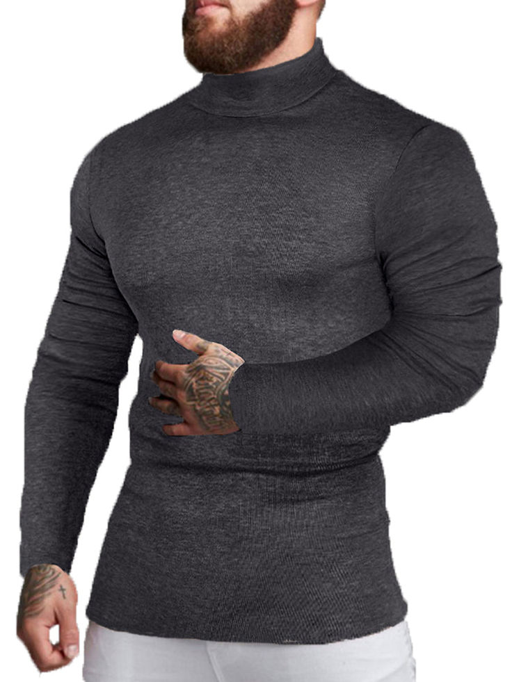 Material:100% Polyester. Features:Long sleeve. solid color. high neck. slim fit. pullover. Gray Long Sleeve Turtleneck, Winter Turtleneck With Thumbholes And Funnel Neck, Fitted Plain Turtleneck Top, Fitted Turtleneck Plain Top, Winter Funnel Neck Turtleneck With Thumbholes, Stretch Long Sleeve Top With Crew Neck For Winter, High Stretch Gray Tops For Winter, High Stretch Gray Top For Winter, Fitted Cotton Turtleneck With Long Sleeves