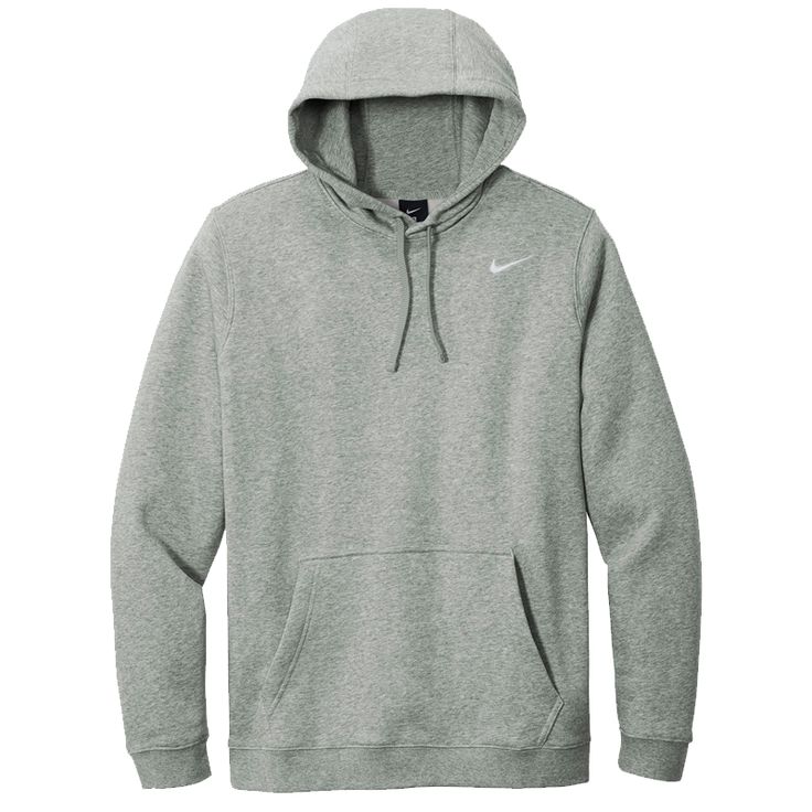 A closet staple, this hoodie combines classic Nike style with the soft comfort of brushed-back fleece. A jersey-lined, 3-panel hood with dyed-to-match drawstrings offers adjustable coverage. Rib knit cuffs and hem. Front pouch pocket. A contrast Swoosh design trademark is embroidered on left chest. Made of 8.2-ounce, 80/20 cotton/polyester with a 100% cotton hood lining. Nike Club Fleece, Grey Nike Hoodie, Hoodie Model, Nike Sportswear Club Fleece, Hoodies Men Pullover, Mens Club, Nike Fashion, Nike Hoodie, Mens Navy