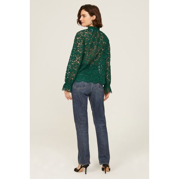 Green lace (68% Nylon, 32% Cotton). Top. Long sleeves. Mock neck. Back button closure. 25" from shoulder to hemline. Imported. Pointelle Knit Lace Top With Long Sleeves, Fall Lace Top With Lace Trim, Chic Scalloped Lace Fall Blouse, Chic Scalloped Lace Top For Fall, Chic Crochet Lace Top For Fall, Stretch Lace Blouse For Fall, Long Sleeve Crochet Lace Top For Fall, Long Sleeve Crochet Lace Blouse For Fall, Fall Long Sleeve Crochet Lace Top