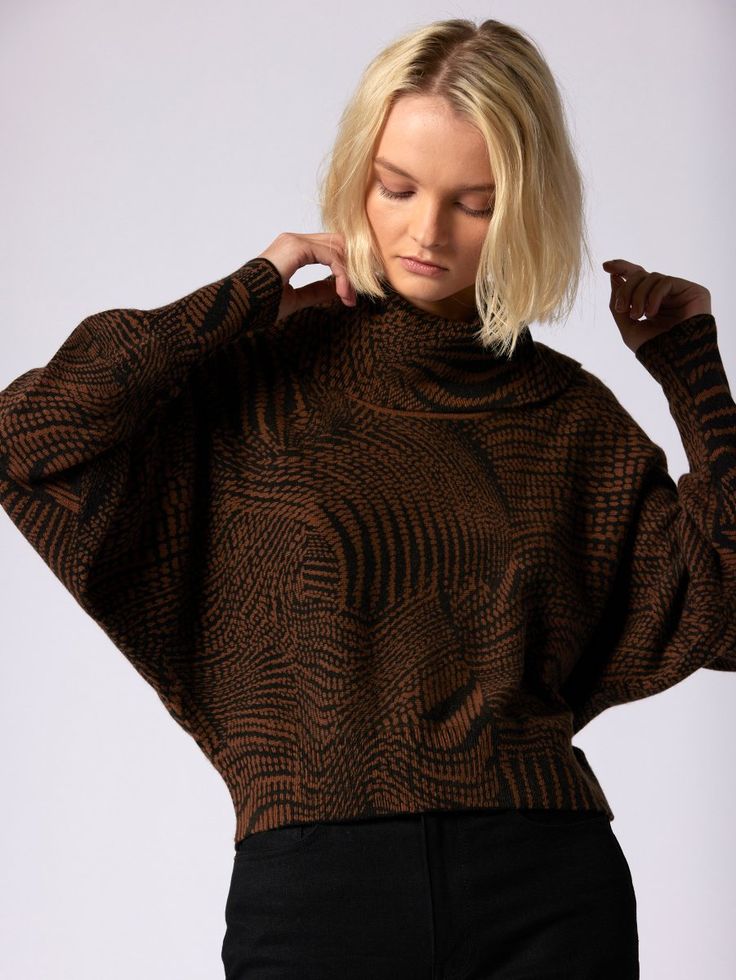 Eloisa Sweater at Equipment Cozy Textured Knit Tops With Funnel Neck, Fall Cropped Sweater With Ribbed Collar, Brown Fall Sweater With Ribbed Cuffs, Trendy Jacquard Knit Tops For Fall, Cozy Textured Knit Sweatshirt For Fall, Cozy Tops With Ribbed Funnel Neck, Long Sleeve Cropped Sweater For Layering, Brown Long Sleeve Sweater With Ribbed Collar, Winter Textured Knit Top With Funnel Neck