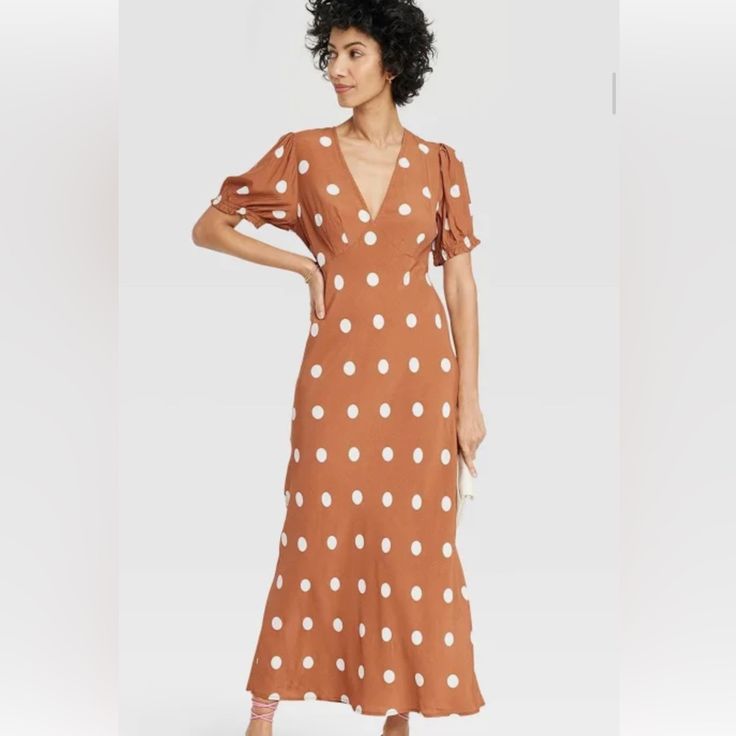 Brand New! Xxl It’s Lightweight Material And Really Cute. Brown Puff Sleeve Midi Dress For Brunch, Brown Short Sleeve Midi Dress For Date Night, Retro Midi Dress For Brunch, Plaid Wrap Dress, White Floral Midi Dress, Sundress Dress, Lace Bustier, Green Floral Dress, Cotton Midi Dress