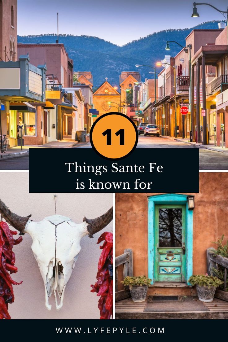 an old town with longhorns and buildings in the background, there is a sign that says things san fe is known for