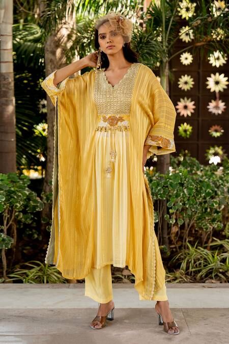 Yellow kaftan with thread, beads, nakshi and tassels embroidery. Comes with pant. - Aza Fashions Yellow Kaftan, Tassels Embroidery, V Neck Kaftan, Tassel Embroidery, Thread Beads, Embroidered Kaftan, Head Accessories, Pants Pattern, Pant Set