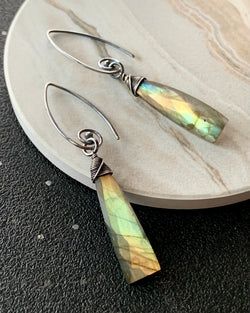 • UNDERCURRENT • labradorite silver dangle earrings – Elementality Retail Jewelry, Bold Jewelry, Gold Sun, Silver Dangle Earrings, Shop Owner, Silver Moon, Earring Sale, Gold Earrings Dangle, Oxidized Sterling Silver