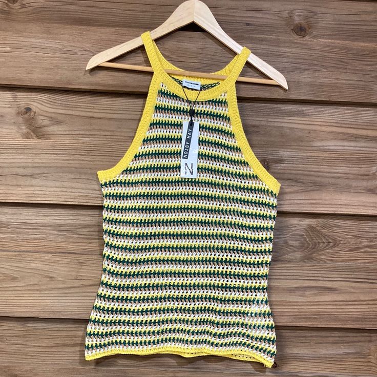 Yellow, Green, Tan, And White Knitted Halter Style Tank. Striped Open Knit Summer Tops, Striped Pointelle Knit Top For Summer, Striped Open Knit Top For Summer, Summer Multicolor Textured Knit Top, Yellow Knitted Cotton Top, Striped Knit Top For Summer Beach, Summer Striped Knit Top For Beach, Striped Knit Top For Summer Beach Outings, Multicolor Summer Knit Top