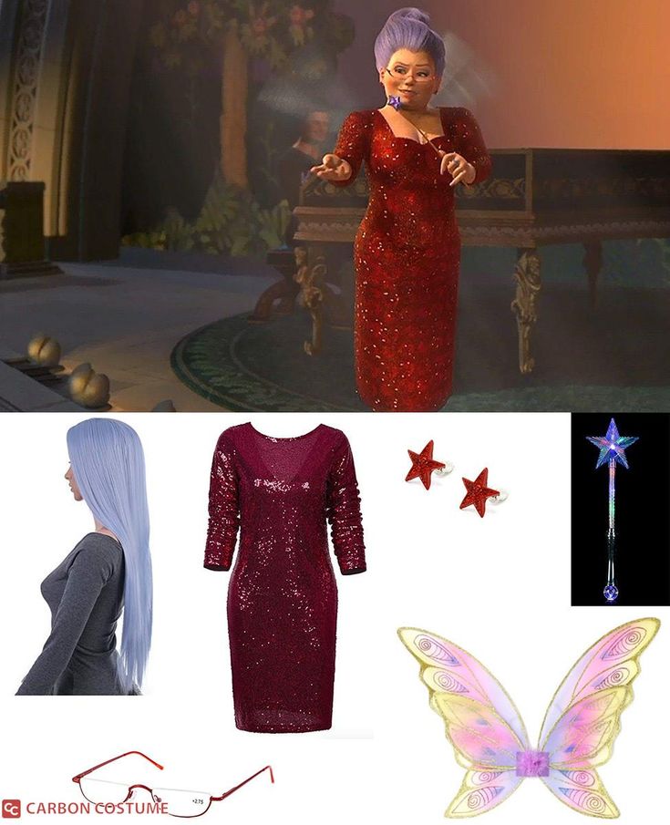 a woman in a red dress with butterfly wings on her head and an image of a fairy